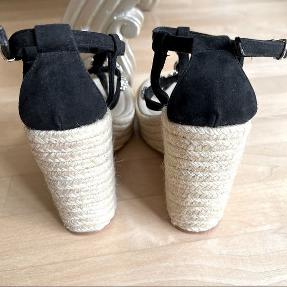 NEW Skemo Black Suede Jute Wedge Sandals With Crystal Embellishments - Picture 10 of 12